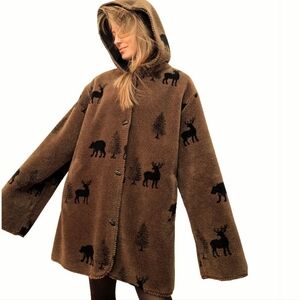 Outbrook Vintage Brown Fleece Hooded Blanket Coat Moose Bear Print Size L Forest